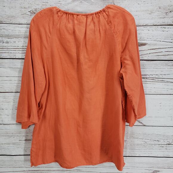 Chico's 100%Linen V-Neck Gold Lace Front Detail 3/4 Sleeve Top Size 1 - Picture 10 of 15